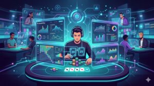 Современная иллюстрация покерных фишек и карт для статьи об анализе турниров с высокими ставками