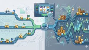 Современная иллюстрация с графиками и элементами игровых слотов для статьи о волатильности и дисперсии.