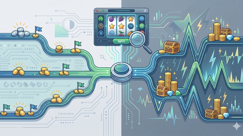 Современная иллюстрация с графиками и элементами игровых слотов для статьи о волатильности и дисперсии.